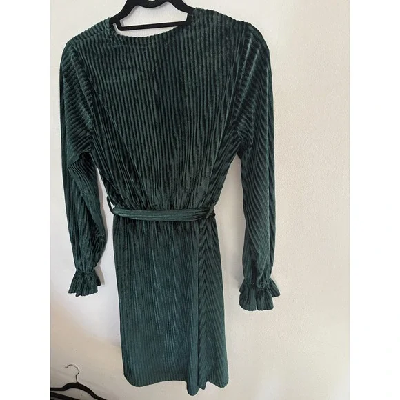 Hotouch Emerald Green Pleated Velvet Wrap Mini Dress Long Sleeve Holiday Party S - Picture 6 of 6